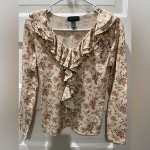 Ralph Lauren Cream and Pink Floral Ruffle Blouse, Size Small